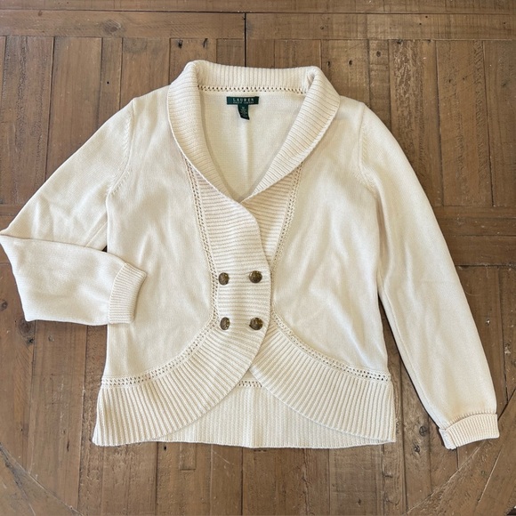 Lauren Ralph Lauren Cream Cowl Neck Metal Button Front Cardigan Sweater Medium - Picture 1 of 8